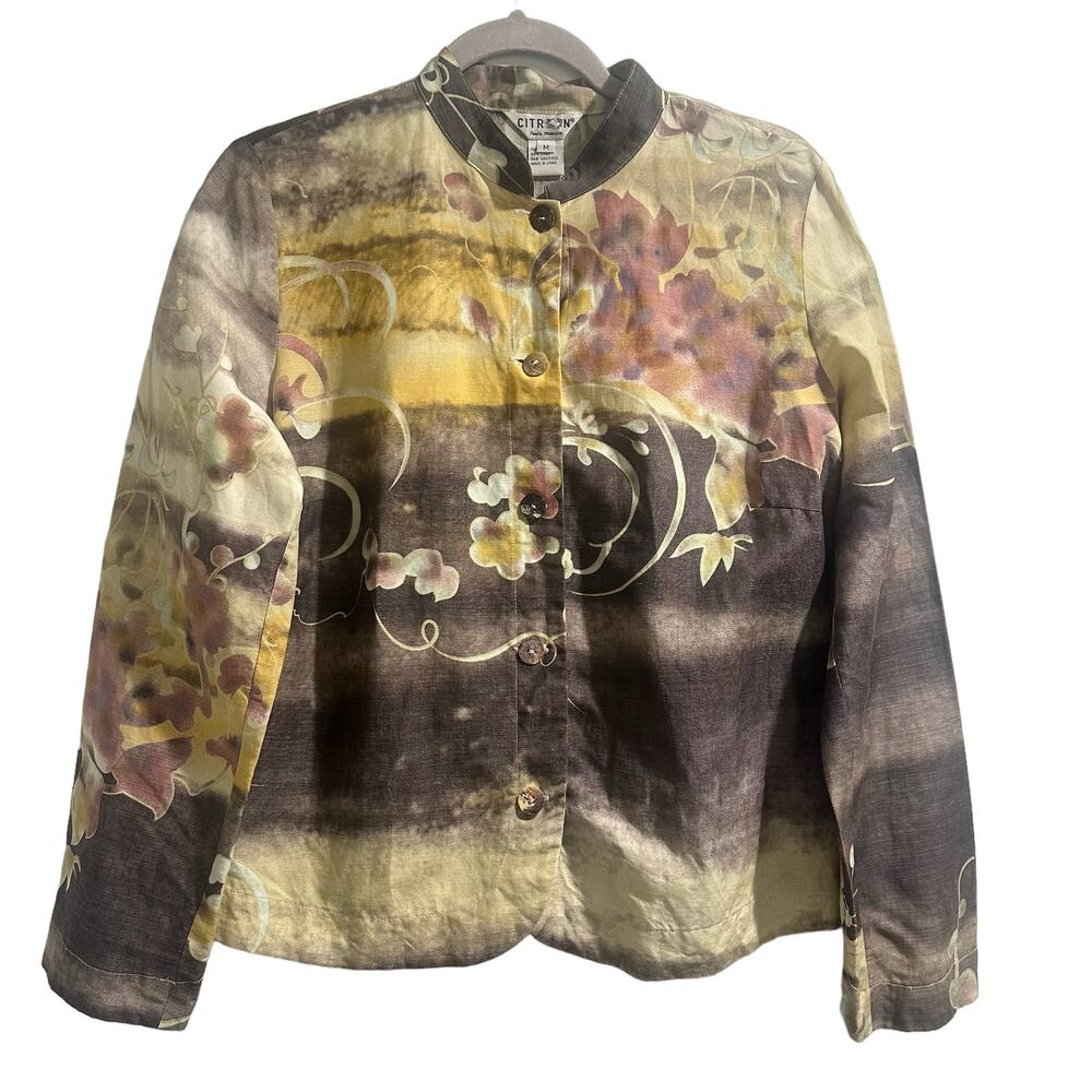 Citron Santa Monica Silk Linen Blend Floral Blouse Sz S